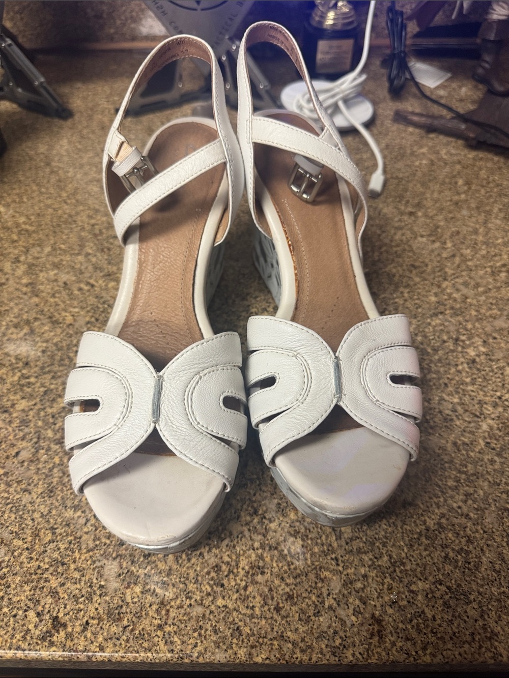 Clarks White Leather Slingback Wedge Sandals